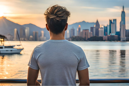 Young man looking at the skyline of Hong Kong city at sunset.の素材
