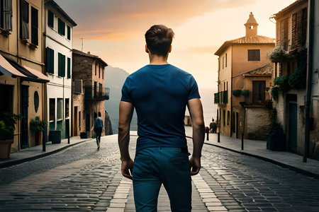 Back view of a young man in a blue t-shirt walking on a cobblestone street in a small Italian town.clothing mockup template branding , back viewの素材