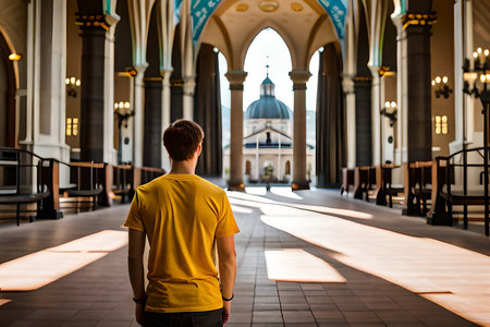 Young man in yellow t-shirt standing in front of the church.clothing mockup template branding , back viewの素材