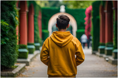 Back view of asian man wearing yellow hoodie walking in the parkの素材