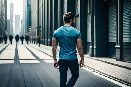 Young handsome man with short hair wearing blue t-shirt and jeans walking in the city.clothing mockup template branding , back viewの素材