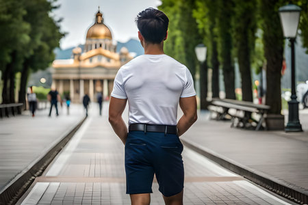 Rear view of a young man wearing a white t-shirt and blue shorts, standing in the city with his hands in his pockets.clothing mockup template branding , back viewの素材