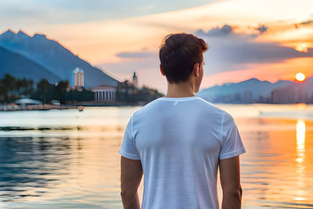 Young man in white t-shirt standing on the shore of Lake Bled at sunset, Sloveniaの素材