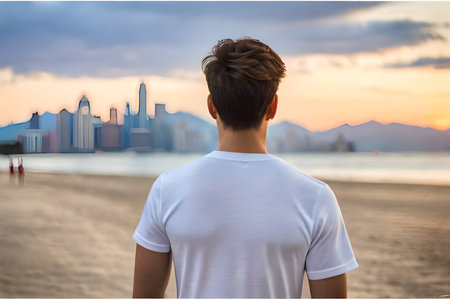 young man in white t-shirt on the beach with cityscape background.clothing mockup template branding , back viewの素材