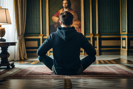 Back view of a young man meditating on the carpet in the room.clothing mockup template branding , back viewの素材