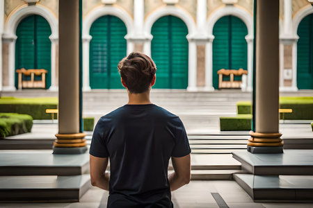 Back view of a young man standing in front of a building.clothing mockup template branding , back viewの素材