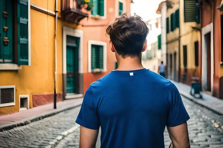 Young man wearing blue t-shirt walking in the streets of the old town.clothing mockup template branding , back viewの素材