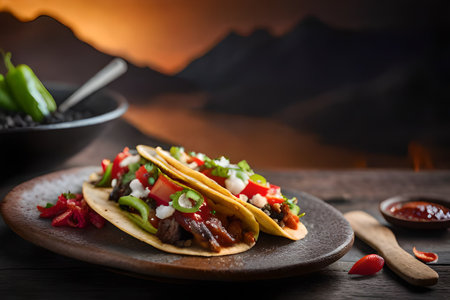 Mexican tacos with beef and vegetables on wooden background. Selective focus.の素材