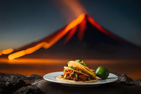 Traditional mexican tacos on the background of the volcano at sunsetの素材