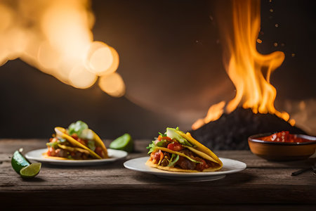 flaming hot ,spicy like a volcano mexican  tacos with beef and vegetables on wooden table with fire backgroundの素材