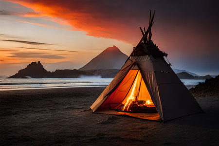 Tent on fire  on the beach with volcano in the background at sunrise.の素材