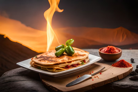 Thin  flaming hot ,spicy like a volcano mexican quesadillas with green olives and hot chili pepper on wooden tableの素材