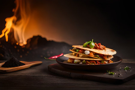 flaming hot ,spicy like a volcano mexican  tacos with meat and vegetables on wooden table with fire backgroundの素材