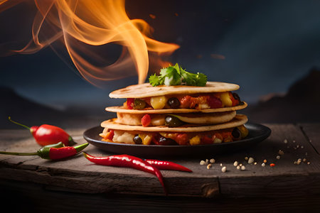 flaming hot ,spicy like a volcano mexican quesadillas with meat and vegetables on a black plate on a wooden backgroundの素材