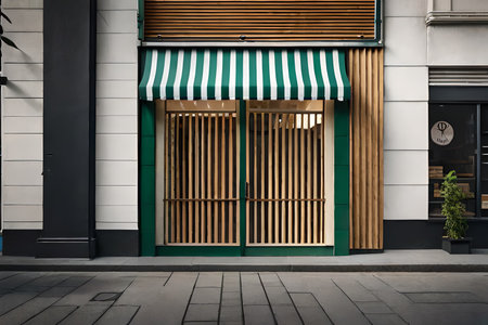 Shop facade with wooden door and green striped blinds. Street view.の素材