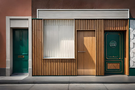 Shop front entrance with green door and wooden shutters on the wallの素材