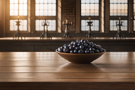 Black grapes in a bowl on a wooden table in a restaurant.close up table top product displayの素材