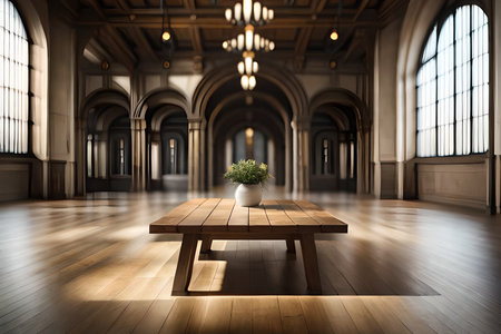 Interior of a hall with a wooden table. 3d rendering;close up table top product displayの素材