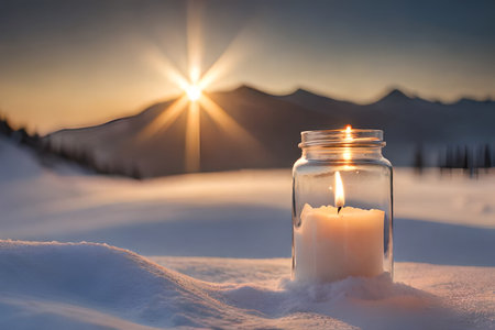lit glowing candle in the snow , christmas candle decoration, winter season illustration for postcard , website , printの素材