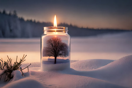 lit glowing candle in the snow , christmas candle decoration, winter season illustration for postcard , website , printの素材