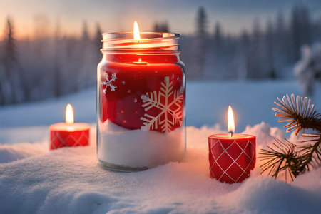 lit glowing candle in the snow , christmas candle decoration, winter season illustration for postcard , website , printの素材