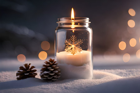lit glowing candle in the snow , christmas candle decoration, winter season illustration for postcard , website , printの素材