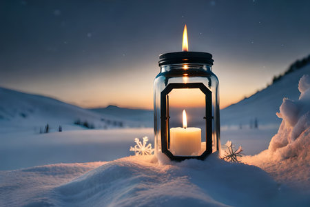 lit glowing candle in the snow , christmas candle decoration, winter season illustration for postcard , website , printの素材