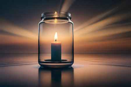 relaxing glowing candle in a jar , soothing ambiance , copyspace , natural backgroundの素材