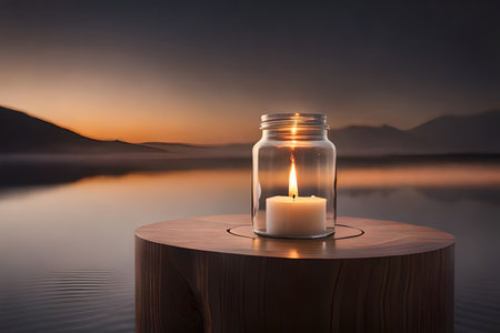 relaxing glowing candle in a jar , soothing ambiance , copyspace , natural backgroundの素材