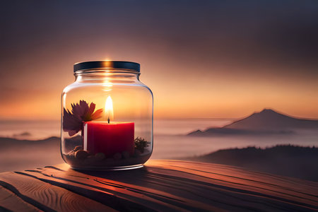 relaxing glowing candle in a jar , soothing ambiance , copyspace , natural backgroundの素材