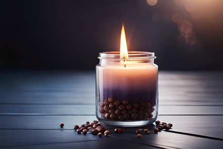 relaxing glowing candle in a jar , soothing ambiance , copyspace , natural backgroundの素材