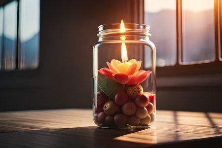 relaxing glowing candle in a jar , soothing ambiance , copyspace , natural backgroundの素材