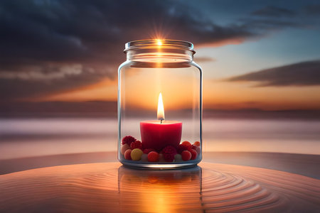 relaxing glowing candle in a jar , soothing ambiance , copyspace , natural backgroundの素材