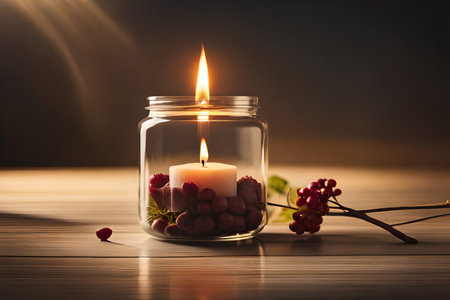 relaxing glowing candle in a jar , soothing ambiance , copyspace , natural backgroundの素材