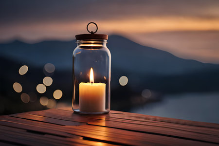 relaxing glowing candle in a jar , soothing ambiance , copyspace , natural backgroundの素材