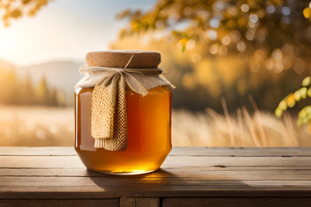 Honey in a glass jar on a wooden table in front of nature backgroundの素材