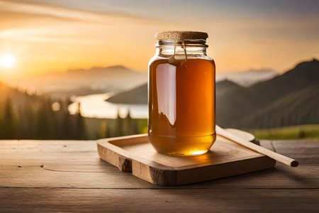 Honey in a glass jar on a wooden table with mountain backgroundの素材