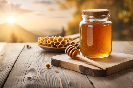 Honey in a jar and honeycombs on a wooden backgroundの素材