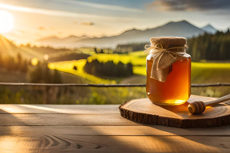 Honey in a glass jar on a wooden table against the background of mountains.の素材