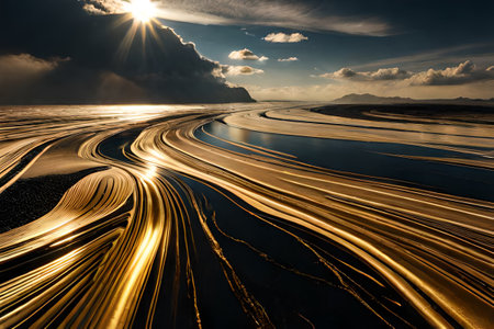 Beautiful seascape with golden waves on the beach at sunset, abstract wavy black and gold marble background with glowing lines.surreal environment, ai rendering.の素材