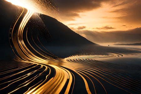 Sunset over the sea and mountains in the background. Long exposure, abstract wavy black and gold marble background with glowing lines.surreal environment, ai rendering.の素材