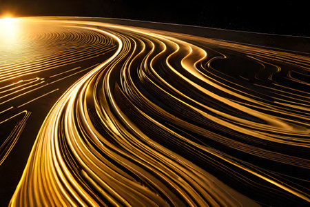 abstract golden waves on a black background.  abstract wavy black and gold marble background with glowing lines.surreal environment, ai rendering. illustrationの素材