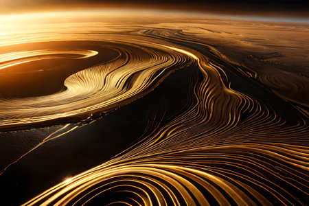 Abstract image of the wavy surface of the lake. abstract wavy black and gold marble background with glowing lines.surreal environment, ai rendering.の素材