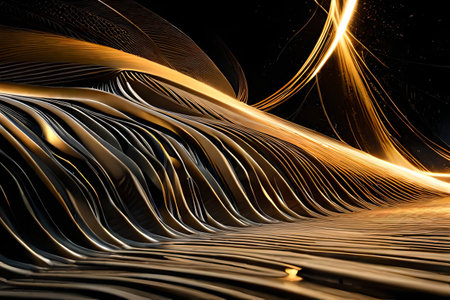 abstract fractal background a computer-generated  abstract wavy black and gold marble background with glowing lines.surreal environment, ai rendering.の素材