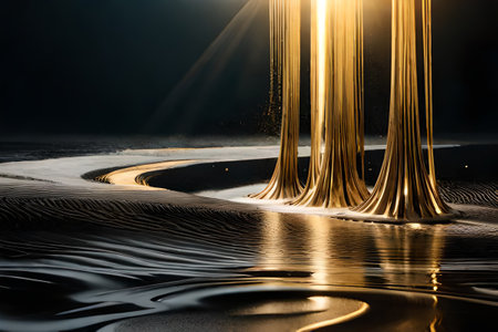 abstract scene of sunbeams and rays of light on the beach, abstract wavy black and gold marble background with glowing lines.surreal environment, ai rendering.の素材