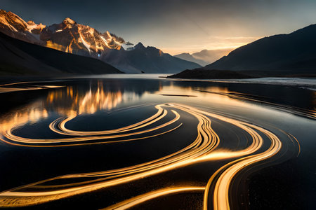 Sunset at the lake of  abstract wavy black and gold marble background with glowing lines.surreal environment, ai rendering.の素材