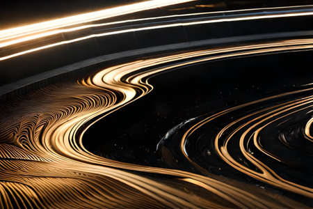 Light trails on the road. Art design.  abstract wavy black and gold marble background with glowing lines.surreal environment, ai rendering.の素材