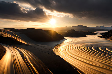 Sunset in  abstract wavy black and gold marble background with glowing lines.surreal environment, ai rendering.の素材