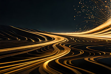 abstract wavy black and gold marble background with glowing lines.surreal environment, ai rendering.の素材