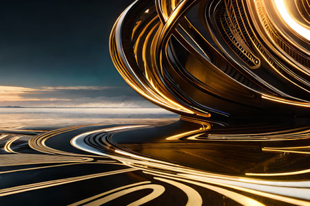 3D rendering of a futuristic background. Futuristic technology style. abstract wavy black and gold marble background with glowing lines.surreal environment, ai rendering.の素材